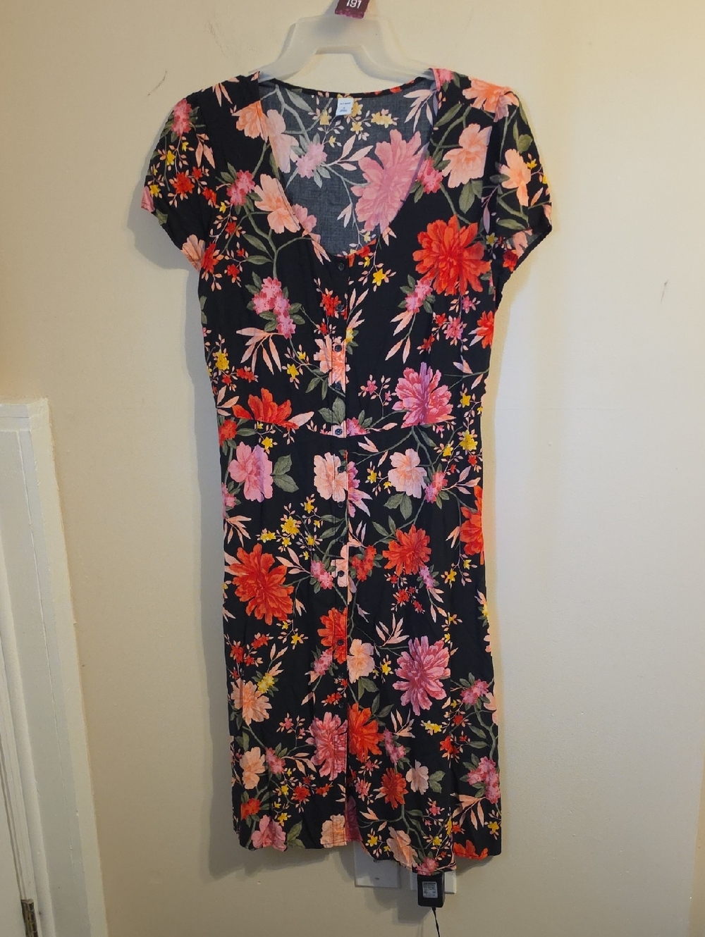 Old Navy Black Floral Button-Front Dress with Pink & Red Blooms XL
